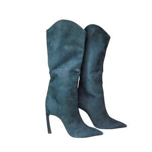 Schutz Boots Green Suede High Heel Slouch Tall Leather Minimalist 9B